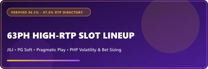 63PH slot directory comparing JILI, PG Soft, and Pragmatic Play RTP percentages and Peso bet sizes