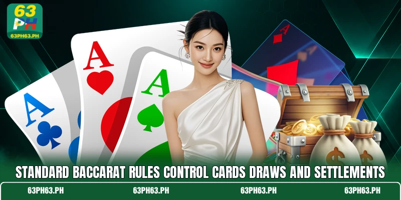 Standard baccarat rules control cards draws and settlements